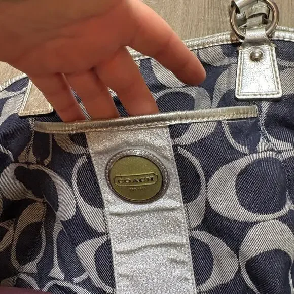Coach Signature Stripe Gallery Shoulder Bag Navy Jacquard Silver Trim F17948 - Picture 6 of 13